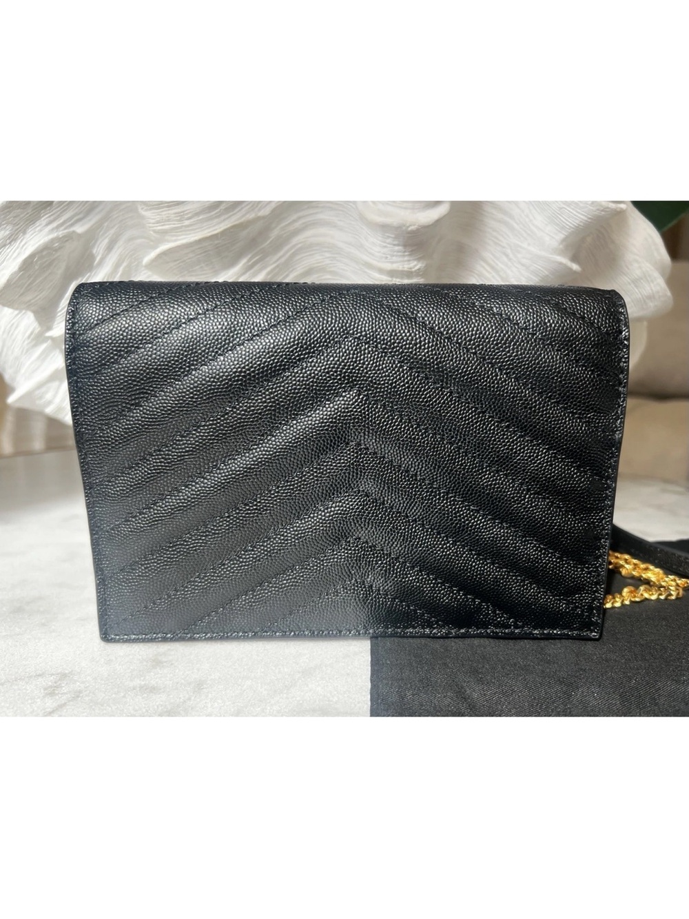 YSL Saint Laurent Black Gold Grained Cassandre Envelope Crossbody Clutch - Picture 3 of 6